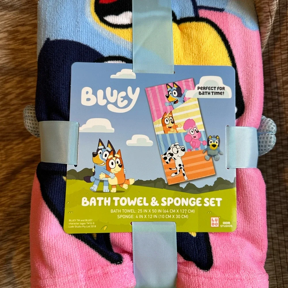 Bluey Bath Towel & Mesh Sponge Plush Set 🐶🛁 NWT Kids